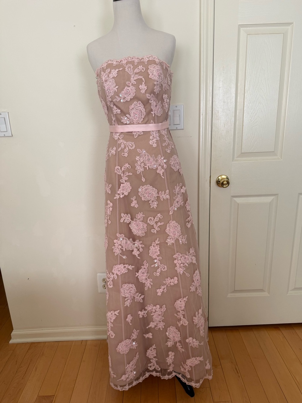 Strapless Pink Lace Overlay Evening Gown
